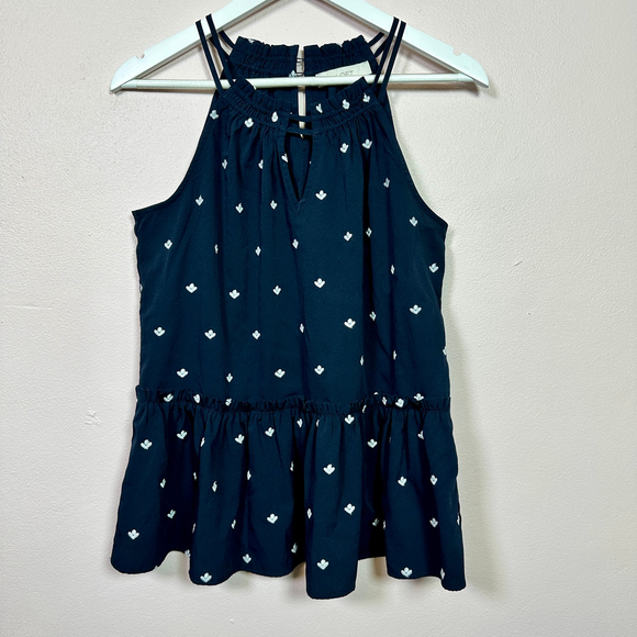 LOFT Tops - LOFT Navy Flower Embroidered Halter Peplum Top, Size‎ Small